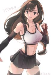 Rule 34 | 1girl, arm warmers, black eyes, black hair, black skirt, black thighhighs, breasts, brown gloves, cleavage, clenched hand, copyright name, earrings, final fantasy, final fantasy vii, final fantasy vii remake, fingerless gloves, fujie-yz, gloves, highres, jewelry, large breasts, long hair, pleated skirt, simple background, skirt, smile, solo, sports bra, square enix, suspender skirt, suspenders, swept bangs, thighhighs, tifa lockhart, white background