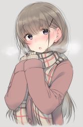 Rule 34 | 1girl, blush, breath, brown hair, brown scarf, enpera, grey background, grey hair, hair ornament, hairclip, hands up, long hair, looking at viewer, nekoume, open mouth, original, plaid, plaid scarf, purple eyes, scarf, simple background, solo, upper body