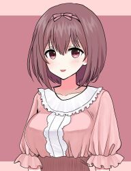 Rule 34 | 1girl, :d, blush, bob cut, bow, breasts, brown hair, center frills, collarbone, dot nose, frilled shirt, frills, hair between eyes, hair bow, high-waist skirt, highres, ibuki nagisa, idoly pride, large breasts, letterboxed, long sleeves, looking at viewer, momori mitsuba, open mouth, pink background, pink bow, pink eyes, pink shirt, pink skirt, shirt, short hair, sidelocks, simple background, skirt, smile, solo, upper body