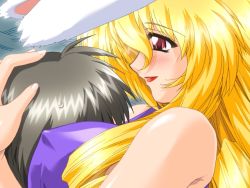 Rule 34 | 1boy, 1girl, animal ears, bare shoulders, between breasts, blonde hair, blush, breast press, breast smother, breasts, close-up, covered erect nipples, drill hair, face to breasts, game cg, grey hair, hair between eyes, hanabi, hanabi (let&#039;s meow meow), hand on another&#039;s head, head between breasts, hetero, hug, large breasts, lipstick, long hair, makeup, mature female, minna de nyan nyan, minna de nyan nyan!, naughty face, nipples, profile, rabbit ears, red eyes, short hair, sidelocks, sirpent, smile, studio sunadokei, sweatdrop, upper body