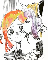 Rule 34 | 2girls, artist request, licking eye, licking, multiple girls, orange hair, purple hair, sketch, tagme, tongue, tongue out