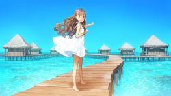 Rule 34 | 1girl, :d, barefoot, blue sky, blunt bangs, bracelet, brown hair, commentary request, day, dress, flower, green eyes, hair flower, hair ornament, highres, hut, jewelry, long hair, looking at viewer, ooyari ashito, open mouth, original, outdoors, pier, pointing, sky, smile, solo, stilt house, sundress, water, wavy hair, white dress