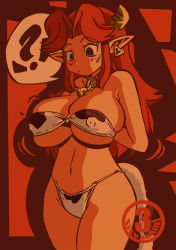 Rule 34 | 1girl, animal print, arms behind back, bell, bikini, blue eyes, breasts, collar, cow horns, cow print, cow tail, cowbell, cowboy shot, curvy, earrings, elf, covered erect nipples, horns, huge breasts, jewelry, long hair, luigi64, malon, navel, nintendo, pointy ears, red hair, solo, swimsuit, tail, the legend of zelda, the legend of zelda: ocarina of time