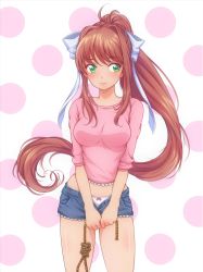 Rule 34 | 1girl, bow, bow panties, breasts, brown hair, casual, commentary, cosplay, cowboy shot, doki doki literature club, english commentary, frown, green eyes, hair ribbon, highres, long hair, looking to the side, medium breasts, midriff, monika (doki doki literature club), noose, p-nekoe, panties, pink shirt, polka dot, polka dot background, ponytail, ribbon, sayori (doki doki literature club), sayori (doki doki literature club) (cosplay), shirt, short shorts, shorts, simple background, solo, unbuttoned, underwear, very long hair, white panties, white ribbon