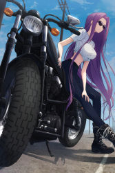Rule 34 | 1girl, black footwear, black pants, blue sky, boots, breasts, closed mouth, day, denim, eyewear on head, fate/stay night, fate (series), highres, jeans, kamo ashi, knee boots, large breasts, long hair, looking to the side, medusa (fate), medusa (rider) (fate), midriff, motor vehicle, motorcycle, navel, outdoors, pants, purple eyes, purple hair, road, shirt, short sleeves, sitting, sky, solo, street, tied shirt, very long hair, white shirt