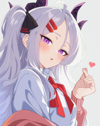 Rule 34 | 1girl, ahoge, black horns, blue archive, blush, breasts, cardigan, collared shirt, demon horns, finger heart, grey hair, heart, highres, hina (blue archive), horns, karaage (xxxmido02), long hair, long sleeves, looking at viewer, multiple horns, neck ribbon, parted lips, pink cardigan, purple eyes, red ribbon, ribbon, shirt, small breasts, solo, white shirt