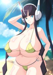 Rule 34 | 1girl, beach, bikini, breasts, cleavage, creatures (company), curvy, day, elesa (pokemon), game freak, headphones, highres, huge breasts, long hair, looking at viewer, navel, nintendo, outdoors, palm tree, pokemon, pokemon bw2, s.forest, sky, solo, standing, standing on one leg, swimsuit, thick thighs, thighs, tree