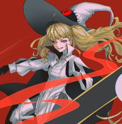 Rule 34 | 1girl, absurdres, black cape, black gloves, blonde hair, cape, dress, eitri (fire emblem), evil smile, feh xeri, fire emblem, fire emblem heroes, gloves, hat, highres, large hat, long hair, looking at viewer, messy hair, nintendo, pantyhose, pelvic curtain, pink eyes, sharp teeth, short dress, smile, solo, teeth, tri tails, white cape, white dress, witch hat