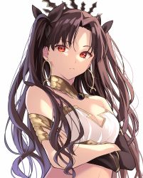 Rule 34 | 1girl, bare shoulders, black hair, breasts, cleavage, crossed arms, crown, detached collar, earrings, elbow gloves, fate/grand order, fate (series), frown, gloves, hair ribbon, highres, hoop earrings, ishtar (fate), jewelry, lq saku, midriff, red eyes, ribbon, solo, two side up, white background