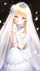 Rule 34 | 1girl, bare shoulders, blonde hair, breasts, bridal gauntlets, bridal veil, cleavage, crossed legs, dark background, dress, flower, genshin impact, hair flower, hair ornament, highres, looking at viewer, lumine (genshin impact), lunacle, medium breasts, own hands clasped, own hands together, parted lips, petals, short hair with long locks, sitting, smile, solo, swept bangs, tiara, veil, wedding dress, white dress, white flower, yellow eyes