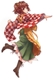 Rule 34 | 1girl, absurdres, apron, bare legs, bell, boots, brown eyes, brown footwear, brown hair, checkered clothes, checkered kimono, clenched hand, commentary request, cross-laced footwear, eyebrows, frilled apron, frills, from behind, full body, green skirt, hair bell, hair between eyes, hair ornament, highres, japanese clothes, jingle bell, kimono, lace-up boots, layered sleeves, long sleeves, looking at viewer, looking back, motoori kosuzu, petticoat, red kimono, short hair, simple background, skirt, smile, touhou, two side up, white background, white kimono, wide sleeves, yanyan (shinken gomi), yellow apron
