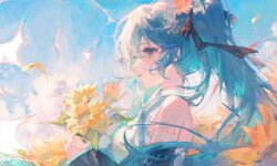 Rule 34 | 1girl, absurdres, aqua eyes, aqua hair, bare shoulders, black sleeves, blue sky, bow, cloud, commentary, detached sleeves, falling petals, flower, hair between eyes, hair bow, hair flower, hair ornament, hatsune miku, highres, holding, holding flower, light, long hair, looking to the side, maccha (mochancc), parted lips, petals, shirt, sidelocks, sky, sleeveless, sleeveless shirt, solo, sunflower, symbol-only commentary, twintails, upper body, very long hair, vocaloid, wide sleeves
