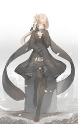 Rule 34 | 1girl, aug (girls&#039; frontline), bad id, bad pixiv id, black dress, black gloves, black jacket, black ribbon, boots, bracelet, breasts, character name, cleavage, closed mouth, collarbone, covered mouth, cropped jacket, cross, dated, dress, expressionless, feathers, flower, flower over mouth, girls&#039; frontline, gloves, graveyard, hair between eyes, hair flower, hair ornament, hair ribbon, half-closed eyes, head tilt, high heel boots, high heels, highres, holding, holding flower, jacket, jewelry, leaning on object, long hair, looking at hands, looking down, mole, mole under eye, orange eyes, outdoors, pantyhose, ribbon, sidelocks, signature, smog, suerte, thighhighs, tombstone, white flower, white footwear, wind