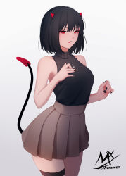 Rule 34 | 1girl, absurdres, artist name, bare arms, bare shoulders, black hair, black nails, black shirt, breasts, brown skirt, demon girl, demon horns, demon tail, gradient background, grey background, highres, horns, looking at viewer, medium breasts, nail polish, original, parted lips, pleated skirt, red eyes, shimmer, shirt, skirt, sleeveless, sleeveless shirt, solo, tail, tail raised, thigh strap, turtleneck, white background