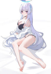 Rule 34 | 1girl, absurdres, barefoot, black bra, blue archive, blush, bra, breasts, chinoryuu, cleavage, closed mouth, feet, grey hair, halo, highres, large breasts, long hair, long sleeves, looking at viewer, mechanical halo, noa (blue archive), purple eyes, shirt, simple background, soles, solo, toes, underwear, white background, white shirt