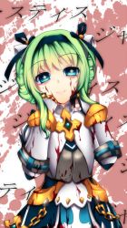 Rule 34 | 1girl, armor, armored dress, blood, blue eyes, closed mouth, crazy eyes, dress, fi-san, gauntlets, grand chase, green hair, grey dress, lime serenity, looking at viewer, parody, short hair, smile, upper body, yandere trance