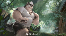 Rule 34 | 1boy, animal ears, bara, beenic, dog boy, dog ears, feet out of frame, forest, from below, furry, furry male, grey fur, highres, large pectorals, lindong, male focus, muscular, muscular male, nature, original, pectorals, short hair, solo, thick eyebrows, walking