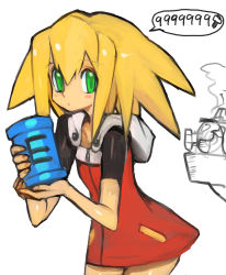 Rule 34 | 1girl, absurdres, auto (mega man), blonde hair, commentary request, cosplay, dakusuta, dress, green eyes, highres, long hair, looking at viewer, mega man (classic), mega man (series), mega man 11, mega man legends (series), red dress, roll (mega man), roll (mega man) (cosplay), roll caskett (mega man), simple background, solo, white background