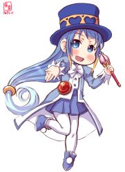 Rule 34 | 1girl, alternate costume, artist logo, blue coat, blue eyes, blue hair, blue skirt, blush, boots, brooch, buttons, coat, dated, full body, hair between eyes, hair flaps, hat, heart, highres, jewelry, kanon (kurogane knights), kantai collection, long hair, long sleeves, look-alike, looking at viewer, neck ribbon, pantyhose, rein (futagohime), ribbon, samidare (kancolle), signature, simple background, skirt, solo, staff, top hat, very long hair, white background, white pantyhose, white ribbon