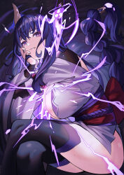 Rule 34 | 1girl, absurdres, atelier30, bare shoulders, braid, breasts, cleavage, detached collar, genshin impact, hair ornament, highres, human scabbard, japanese clothes, kimono, lanzen wu, large breasts, long hair, long sleeves, looking at viewer, low-braided long hair, low-tied long hair, mole, mole under eye, obi, off shoulder, purple eyes, purple hair, purple kimono, purple thighhighs, raiden shogun, sash, shrug (clothing), solo, thighhighs, thighs, wide sleeves