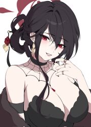 Rule 34 | 1girl, bare shoulders, black dress, black hair, blue archive, breasts, cleavage, dress, earrings, hair between eyes, hair ornament, halo, highres, jaduade, jewelry, kokuriko (blue archive), large breasts, looking at viewer, multiple rings, nail polish, parted lips, red eyes, ring, simple background, solo, upper body, white background
