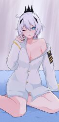Rule 34 | + +, 1girl, absurdres, ahoge, bed, blue eyes, breasts, cleavage, commentary, commission, earrings, english commentary, eruda erudia, hair ornament, highres, honkai (series), honkai impact 3rd, indoors, jacket, jewelry, kiana kaslana, kiana kaslana (herrscher of flamescion), long hair, long sleeves, looking at viewer, medium breasts, one eye closed, open mouth, ponytail, second-party source, very long hair, white hair, white jacket