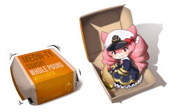 Rule 34 | 1girl, animal ears, artist name, azur lane, box, burger, cat ears, chewing, chibi, dress, drill hair, eating, food, hair between eyes, hat, highres, in container, long sleeves, looking at viewer, meowfficer (azur lane), mini person, minigirl, parallelrey, peaked cap, pink eyes, pink hair, pound (azur lane), shadow, simple background, twin drills, white background, white headwear