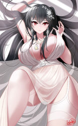 Rule 34 | 1girl, ahoge, azur lane, bare shoulders, black hair, breasts, cleavage, crossed bangs, dress, earrings, garter straps, highres, jewelry, large breasts, long dress, long hair, looking at viewer, lying, official alternate costume, on back, plunging neckline, red eyes, satin dress, shuguaier, signature, sleeveless, sleeveless dress, solo, taihou (azur lane), taihou (temptation on the sea breeze) (azur lane), very long hair, wedding dress, white dress, white legwear