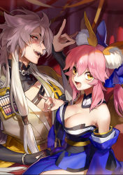 Rule 34 | 10s, 1boy, 1girl, animal ears, armor, blue legwear, breasts, cleavage, collarbone, crossover, detached sleeves, fang, fate/extra, fate (series), fox ears, fox shadow puppet, fox tail, hair flaps, hair ribbon, highres, japanese armor, japanese clothes, kogitsunemaru, large breasts, long hair, molly, open mouth, pink hair, red eyes, ribbon, smile, tail, tamamo no mae (fate/extra), touken ranbu, trait connection, white hair, yellow eyes