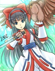 Rule 34 | 1girl, absurdres, ainu clothes, black hair, blue eyes, breasts, fingerless gloves, gloves, hair ribbon, highres, legs, long hair, mamahaha, nakoruru, pants, parted lips, pointing, ribbon, samurai spirits, small breasts, snk, the king of fighters, thighs, weapon