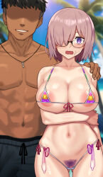 Rule 34 | 1boy, 1girl, :o, arm under breasts, bikini, blush, breasts, collarbone, condom, covered erect nipples, cowboy shot, cum, dark-skinned male, dark skin, day, fate/grand order, fate (series), glasses, gluteal fold, highres, large breasts, male swimwear, mash kyrielight, navel, nt00, outdoors, pink hair, pubic hair, purple eyes, rainbow print, see-through, shiny skin, short hair, smile, stray pubic hair, swimsuit, topless male, used condom