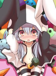 Rule 34 | 1girl, :o, animal ears, blush, bottomless, carrot, fake animal ears, female focus, givuchoko, hair bobbles, hair ornament, hands on headwear, hat, hat with ears, highres, hood, navel, no bra, open clothes, open mouth, open shirt, original, rabbit ears, red eyes, reisen udongein inaba, shirt, sitting, solo, striped clothes, striped thighhighs, stuffed toy, tears, thighhighs, touhou, twintails