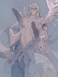 Rule 34 | 1boy, :|, alternate form, artist name, black wings, blue background, blue eyes, closed mouth, collarbone, commentary, cowboy shot, expressionless, feathered wings, final fantasy, final fantasy xiv, fins, fish tail, grey hair, hair between eyes, halo, halo behind head, highres, kugekanejun, looking to the side, male focus, medium hair, merman, monster boy, multiple wings, navel, scales, sideways glance, signature, simple background, snake, solo, symbol-only commentary, tail, themis (ff14), topless male, white wings, wings