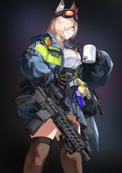 Rule 34 | 1girl, absurdres, alternate costume, animal ear fluff, animal ears, bag, black gloves, blue archive, blue eyes, chadlink, commentary request, commission, cosplay, cup, dog ears, dog girl, extra ears, girls&#039; frontline, gloves, goggles, goggles on head, grin, gun, hair over one eye, hand on own hip, highres, holding, holding cup, holding gun, holding weapon, kanna (blue archive), light brown hair, long hair, long sleeves, looking away, mug, pixiv commission, pleated skirt, police, police uniform, policewoman, rifle, sharp teeth, sidelocks, sig mcx, sig mcx (girls&#039; frontline), sig mcx (girls&#039; frontline) (cosplay), simple background, skirt, smile, solo, tactical clothes, teeth, thighhighs, uniform, weapon, zettai ryouiki