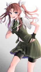 Rule 34 | 1girl, :d, bad id, bad twitter id, bike shorts, black gloves, brown hair, collared shirt, commentary, fingerless gloves, gloves, green ribbon, green skirt, green vest, grey eyes, hair ribbon, hand on own hip, highres, kagerou (kancolle), kagerou kai ni (kancolle), kantai collection, leaning forward, long hair, looking at viewer, neck ribbon, no ahoge, open mouth, pleated skirt, pocket, pointing, ribbon, school uniform, shirt, short sleeves, shorts, shorts under skirt, simple background, skirt, smile, solo, twintails, vest, white background, white ribbon, white shirt, yunamaro