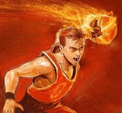 Rule 34 | 1boy, ball, basketball, basketball (object), basketball uniform, burning, dave rapoza, fire, gloves, highres, male focus, open mouth, original, partially fingerless gloves, red background, red hair, serious, single glove, solo, sportswear, upper body, wristband
