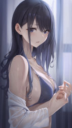 Rule 34 | 1girl, bare shoulders, bikini, black bikini, black hair, blue eyes, blush, breasts, cleavage, collarbone, commentary, duplicate, highres, idolmaster, idolmaster shiny colors, kazano hiori, long hair, long sleeves, looking at viewer, medium breasts, mole, mole under mouth, off shoulder, open clothes, open shirt, parted lips, pixel-perfect duplicate, shirt, sola (solo0730), swimsuit, wet, wet clothes, wet shirt, white shirt