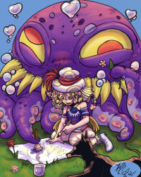 Rule 34 | 1girl, 2others, absurdres, blonde hair, bubble, child, commentary, dobermann, dog, english commentary, fangs, final fantasy, final fantasy vi, flower, grass, happy, hat, heart, heart bubbles, highres, interceptor (ff6), monster, multiple others, octopus, open mouth, ultros, outdoors, paintbrush, pants, relm arrowny, seiza, short hair, sitting, strapless shirt, tarpi nouche, yellow eyes