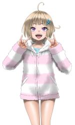 Rule 34 | 1girl, \n/, absurdres, ahoge, blonde hair, commentary request, double n/, hair ornament, highres, jacket, medium hair, open mouth, pajakko (kson), purple eyes, real life, shiny skin, smile, solo, star (symbol), star hair ornament, striped clothes, striped jacket, takayama akira