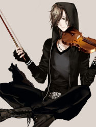 Rule 34 | 1boy, belt, belt buckle, boots, bracelet, brown hair, buckle, cat, collarbone, fingerless gloves, gloves, grey eyes, hair over one eye, hood, hoodie, indian style, instrument, jacket, jewelry, long sleeves, male focus, necklace, open clothes, open jacket, shikishima (eiri), sitting, solo, spiked bracelet, spikes, violin