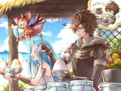 Rule 34 | 1boy, 1girl, :d, ahoge, armor, beach, blue hair, brown eyes, coffee, coffee cup, coffee mug, cup, disposable cup, dragon, drink, elbow gloves, closed eyes, food, fruit, frustrated, gloves, granblue fantasy, hood, hoodie, light blue hair, long hair, lyria (granblue fantasy), mug, official art, open mouth, sandalphon (granblue fantasy), shaved ice, smile, smug, sparkle, very long hair, vyrn (granblue fantasy)