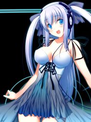 Rule 34 | 1girl, 47agdragon, bare shoulders, blue eyes, breasts, dress, female focus, headphones, highres, large breasts, long hair, open mouth, original, smile, solo, twintails, white hair