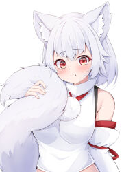 Rule 34 | 1girl, animal ear fluff, animal ears, bare shoulders, blush, breasts, closed mouth, commentary, detached sleeves, eyelashes, hair between eyes, hair ribbon, happy, holding own tail, inubashiri momiji, large breasts, medium hair, no headwear, pom pom (clothes), red eyes, ribbon, rururiaru, shirt, simple background, sleeveless, sleeveless shirt, smile, solo, split mouth, tail, touhou, tress ribbon, turtleneck, white background, white hair, white shirt, wide sleeves, wolf ears, wolf girl, wolf tail