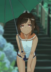 Rule 34 | 1girl, absurdres, blue one-piece swimsuit, blurry, brown eyes, brown hair, commentary request, cowboy shot, depth of field, flower, green umbrella, hair ornament, hairclip, highres, hina komochi, i-401 (kancolle), kantai collection, leaning forward, looking at viewer, one-piece swimsuit, one-piece tan, orange background, orange sailor collar, ponytail, sailor collar, school swimsuit, shirt, short hair, short ponytail, sleeveless, sleeveless shirt, smile, solo, stairs, swimsuit, swimsuit under clothes, tan, tanline, thigh gap, umbrella