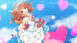 Rule 34 | 10s, 1girl, :d, aikatsu!, aikatsu! (series), blue sky, braid, brown hair, cloud, cloudy sky, commentary request, crown braid, dress, from above, gloves, heart, heart background, highres, jewelry, kani biimu, long hair, looking at viewer, necklace, ozora akari, open mouth, red eyes, reflection, sky, smile, solo, tiara, white dress, white gloves