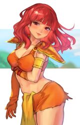 1girl armlet armor breasts celica_(fire_emblem) cleavage crop_top cutoffs fire_emblem fire_emblem_echoes:_shadows_of_valentia fire_emblem_gaiden gloves highres jewelry loincloth looking_at_viewer midriff nintendo official_alternate_costume orange_shorts r123 red_eyes red_hair short_shorts shorts shoulder_armor solo thighs