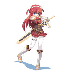 Rule 34 | 1girl, alisia heart, blue eyes, dungeon travelers 2, long hair, open mouth, ouhashi, red hair, simple background, skirt, solo, sword, weapon, white background, white legwear