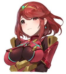 Rule 34 | 1girl, blush, breasts, hair ornament, large breasts, looking at viewer, nintendo, pyra (xenoblade), red eyes, red hair, seinen, short hair, sidelocks, simple background, solo, tiara, white background, xenoblade chronicles (series), xenoblade chronicles 2, xenoblade chronicles (series), xenoblade chronicles 2