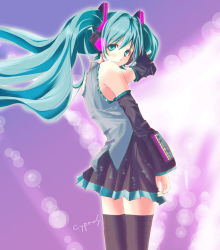 Rule 34 | 1girl, aqua hair, arm at side, artist name, back, black skirt, black thighhighs, blurry, blush, bokeh, closed mouth, collared shirt, cowboy shot, cyprus, depth of field, detached sleeves, floating hair, glowing, grey shirt, hair between eyes, hair ornament, hand in own hair, hand on own head, hatsune miku, headphones, light smile, long hair, looking at viewer, miniskirt, necktie, pleated skirt, purple background, shirt, skirt, solo, standing, thighhighs, twintails, vocaloid, zettai ryouiki