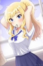 Rule 34 | 1girl, absurdres, adjusting hair, arms up, blonde hair, blue eyes, blue sky aosan, blush, bow, bowtie, breasts, collared shirt, curtains, hair tie, hair tie in mouth, highres, idolmaster, idolmaster cinderella girls, indoors, large breasts, long hair, looking at viewer, loose bowtie, mouth hold, ohtsuki yui, ponytail, school uniform, shirt, shirt tucked in, skirt, solo, twitter username, window